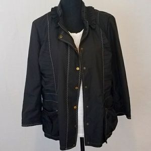 Tres Jolie Lightweight Black Jacket, Ruffled Collar Design & Front Pockets Large